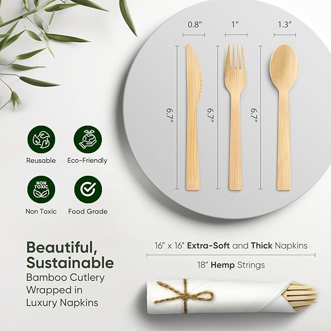 Premium Pre-Rolled Napkin and Bamboo Cutlery Set (100 Pack, 400 PCS) 100% Biodegradable, Eco-Friendly, Disposable Wrapped Cutlery - Includes Pre-Wrapped Bamboo Forks, Knives, Spoons, Napkins