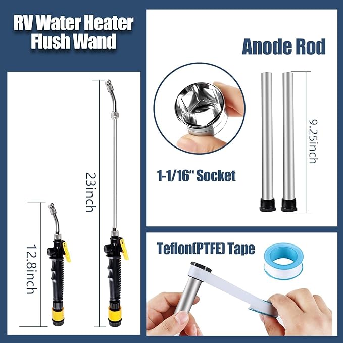5 Pack RV Water Heater Anode Rod & Flush Wand Kit with Hex Wrench Socket Removal Tool, 9.25"L x 3/4" NPT Aluminum RV Hot Water Heater Anode Rod for Suburban, Mor-Flo, Extends RV Tank Life