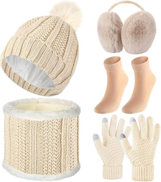 SATINIOR 5 Pcs Winter Satin Lined Hat Scarf Gloves Set Knit Pompom Beanie Warm Touchscreen Glove Earmuff Ear Warmer for Women