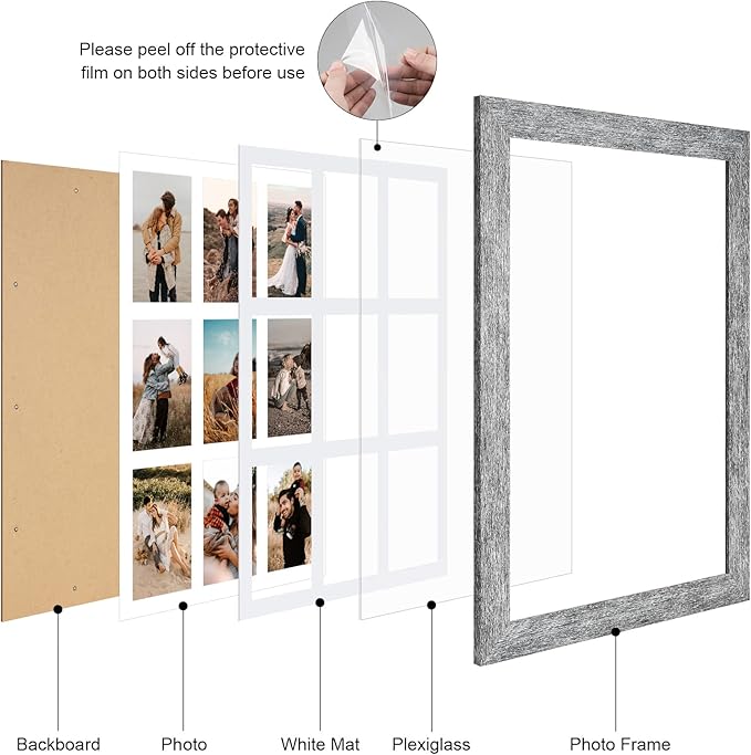 13.5x19.5 Picture Frame Display 9 opening 4X6 Picture Frame Collage,Multi Photo Frame with Mat,Plexiglass,Wall or Tabletop Decor,Grey Wood Grain