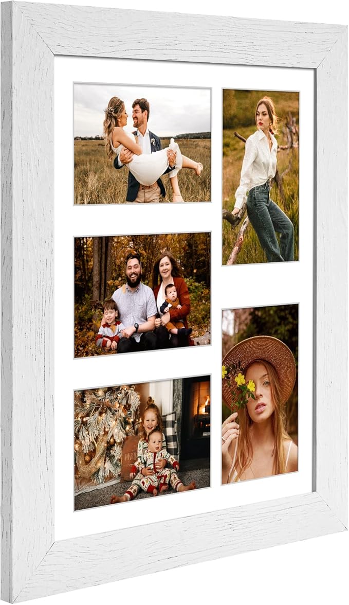 11x14 Picture Frame Display 5 opening 4X6 Picture Frame Collage,Multi Photo Frame with Mat,Plexiglass,Wall or Tabletop Decor,Distressed White Wood Grain