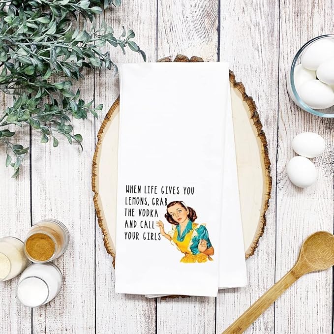 Andaz Press Funny Retro Kitchen Towel, Flour Sack Tea Towel, When Life Gives You Lemons, Grab The Vodka and Call Your Girls Funny Birthday for Daughter Sister Friend Women, Gag Gift