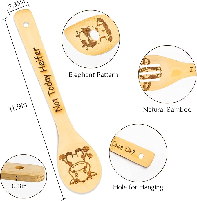 5PCS Cow Wooden Cooking Spoons Cow Gifts Cow Decor Cow Gifts for Women Cow Kitchen Decor Gifts for Cow Lovers Cow Stuff Party Favors Housewarming Wedding Cooking Bamboo Cooking Spoons