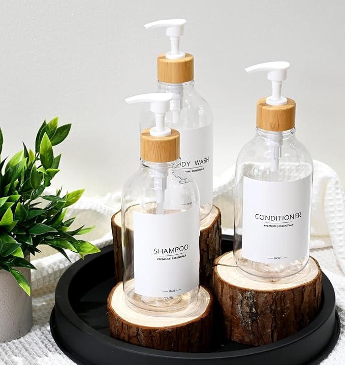 Shower Shampoo and Conditioner Bottles, Apothecary Dispenser Bamboo Pump, Refillable Bottles for Lotion Oil Hand Soap and Dish Soap, Plastic Set (3 Bottles 9 Labels) (6, Clear)