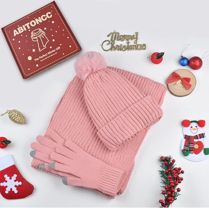 Winter Beanie Hat Scarf Gloves Set for Women, Fleece Knit Pompom Beanie Neck Warmer Long Scarf Touchscreen Gloves 3 in 1 Set