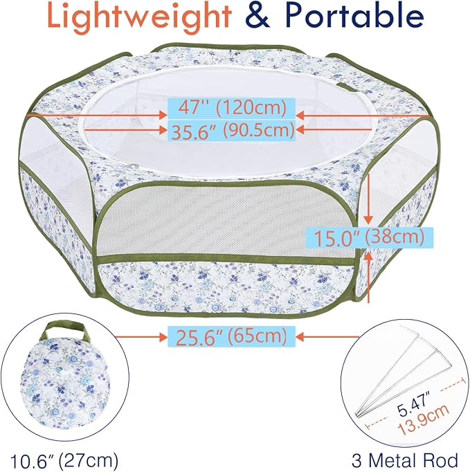 Pawaboo Small Animal Playpen with Zippered Cover, Blue + White Flower | Portable pop-up pet tent for supervised rabbits, guinea pigs, chicks and kittens; water-resistant bottom and 3 metal rods
