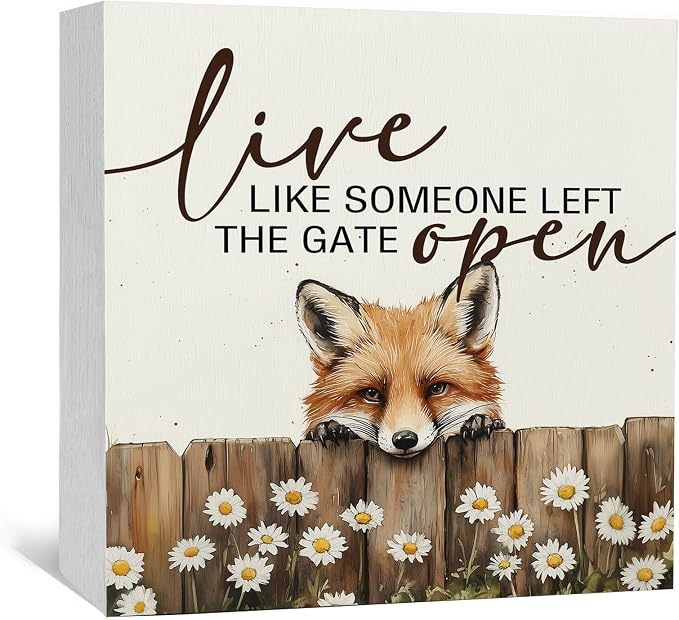 Fox Wooden Box Sign - Rustic Farmhouse Live Like Someone Left the Gate Open Signs for Home Decor,Farm Cottagecore Animal Office Kitchen Bedroom Decor,Fox Gifts for Women Men, 5x5