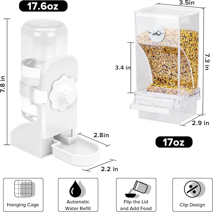 Lemtrflo No Mess Bird Feeder Water Dispenser Set, Automatic Bird Feeder | Parrot, Parakeet Cage Accessories