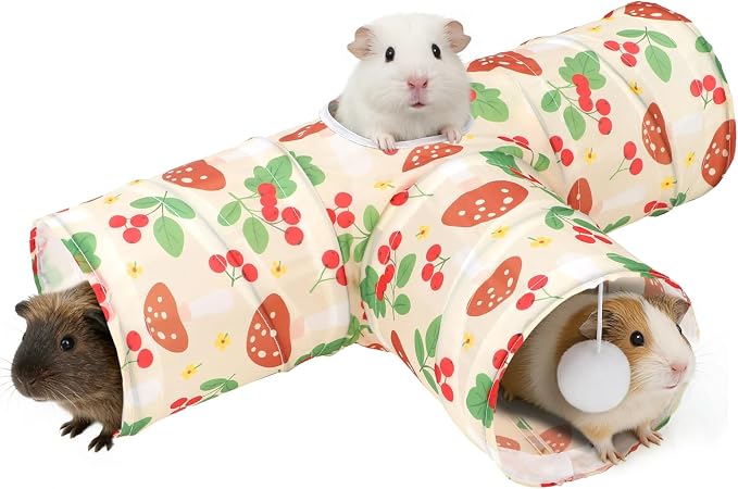 Rypet Guinea Pig Tunnel Hideout 3-Way Collapsible Small Pet Tubes, Cherry | 3 Way Design for Exploration, Collapsible for Easy Storage, Built-in Play Ball, Hiding & Resting for Hamsters Ferrets