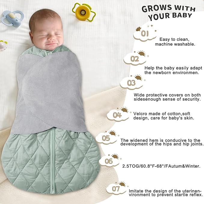 Newborn Sleep Sack Baby Swaddle,3-Way Adjustable Wearable Blanket,Swaddling Sleeping Bag,TOG 2.5 (Green, 6-12 Months)