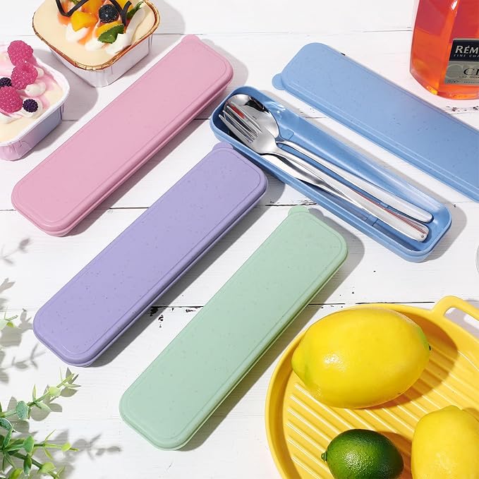 Yinkin 4 Pack Portable Travel Utensils Set with Case Reusable Stainless Steel Silverware Flatware Camping Cutlery Include Fork Spoon Knife for Work School Dishwasher Safe (Pastel Color)
