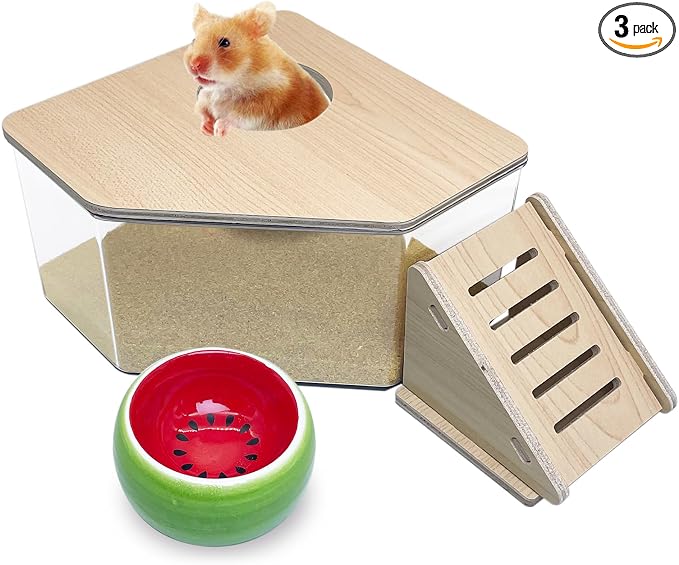 PINVNBY Hamster Sand Bath Box, Transparent Acrylic Sand Bath Shower, Gerbils Digging Room Container with Climbing Ladder and Ceramic Bowl, Litter Box for Hamsters Guinea Pigs Mice (Triangle)