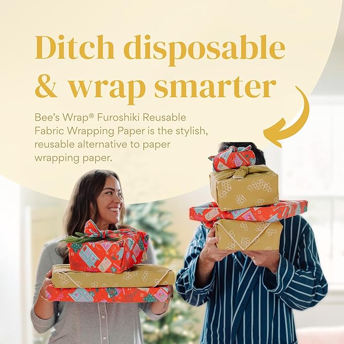 Bee's Wrap Furoshiki Reusable Cotton Fabric Wrapping Paper - Mustard Honeycomb Pack of 4 Gift Wraps - Gift Wrapping Supplies - Eco Friendly Alternative to Bags and Paper Rolls