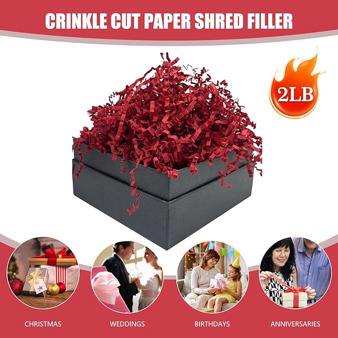Red Crinkle Cut Paper Shred Filler, 2 LB Basket Filler Shredded Paper, Confetti Stuffing for Basket Filling, Halloween, Thanksgiving, Christmas, Birthdays, Gift Wrapping, Stuffer Party Supplies