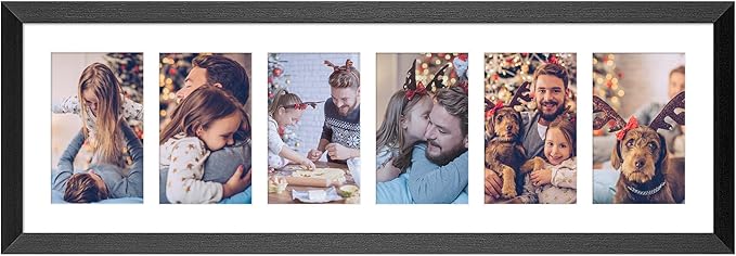 8x26 Collage frame with 6 Openings 4X6 Pictures, Multiple Picture Frame with Mat, Wall or Tabletop Decor, Black Wood Grain (1 Pack)