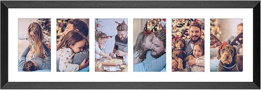 8x26 Collage frame with 6 Openings 4X6 Pictures, Multiple Picture Frame with Mat, Wall or Tabletop Decor, Black Wood Grain (1 Pack)