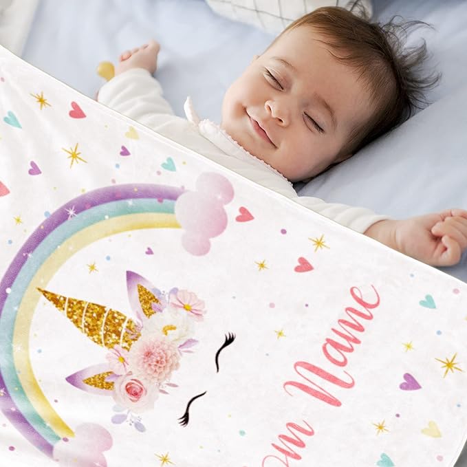 Personalized Unicorn Blanket with Name for Girl, Custom Kids, Soft Flannel Pink Toddler Customized Gift Birthday Christmas Baby Shower Newborn 30'' X 40''