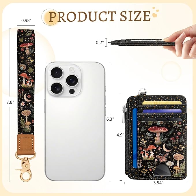 Kelvoris Credit Card Holder Small Wallet Women, Slim RFID, Mushroom Moon | Keychain, Zipper Coin Pocket, Front Pocket Thin Travel Card Case, Minimalist, 6 Card Slots, 1 ID Window, Ladies Gifts Woman
