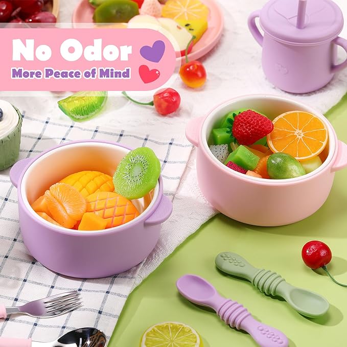 Domensi 2 Sets Kids Porcelain Bowls with Removable Silicone Sleeve 2-in-1 Porcelain Toddler Bowls Microwave Dishwasher Safe Cereal Snack Soup Dishes for Baby Children Feeding Supplies (Pink Purple)