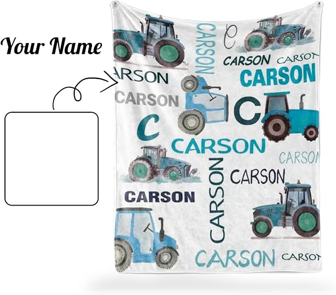Personalized Tractors Blanket - Custom Name with Farm Tractor Trucks Design - Soft Plush Flannel Bed Blanket for Baby Kid Teen Boys Girls Customized Gifts White & Blue