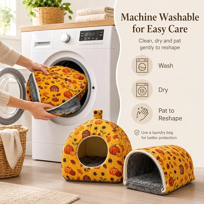 Hamster Hideout Tunnel Set, 2 Pack Washable Small Animal Bed with Removable Cushion, Cozy Play Tunnel Cage Accessories for Hamsters, Hedgehogs, Mice, Rats, Gerbils, Orange Pumpkin