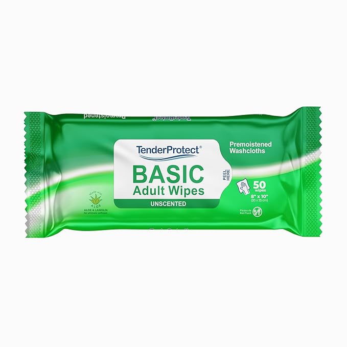 TenderProtect® Basic Adult Wipes, Large 8” x 10”, Super Soft Wash Cloths for Skin Cleansing, Everyday Wipes for Adults and Babies, Incontinence Care, Unscented & Hypoallergenic, 50 count(1 pk of 50)