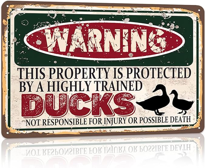 Vintage Ducks Metal Sign Wall decor | Warning this property is protected bY a highly trained Ducks Sign Funny Tin Signs 12x8 Inch