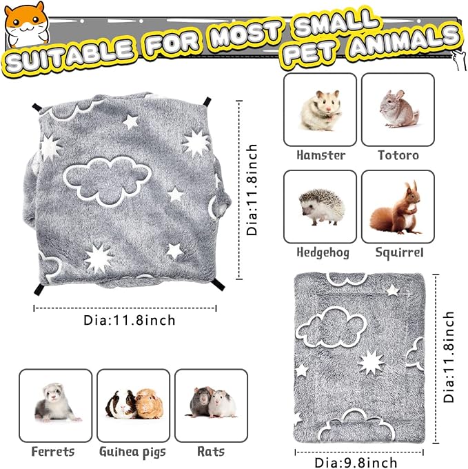 LEFTSTARER Noctilucent Luminous Guinea Pig Rat Hammock Bunkbed Hanging Tunnel and Soft Bed Mat for Ferret Hedgehog Squirrel Hideout Cage Accessories (3.Bunkbed Hammock and Mat)