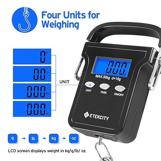Etekcity Fishing Scale with Backlit LCD Display, 110lb/50kg Digital Electronic Hanging Hook Scale with Batteries and Carry Pouch Included, Black, Non-Slip Handle