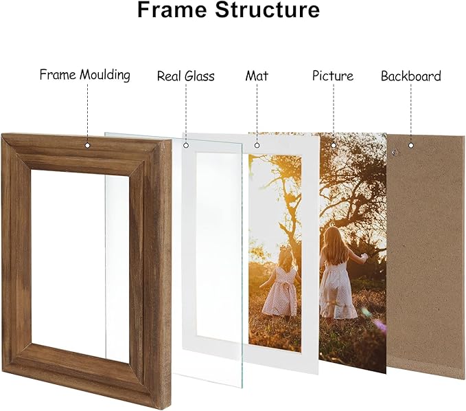 5X7 Double Wooden Hinged Picture Frame Vertical and Horizontal in Distressed Farmhouse Wood Grain, Display 4x6 with Mat or 5x7 without Mat, Folding Photo Frame with Real Glass Front for