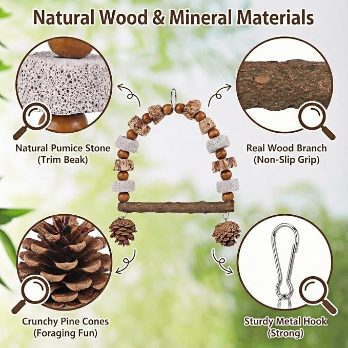 Natural Wood Bird Swing Toy for Parakeets Cockatiels, Parrot Hanging Perch with Chewing Pine Cones & Beak Grinding Pumice Stone, Bird Cage Accessories for Conure Lovebirds Budgies - Boredom Relief
