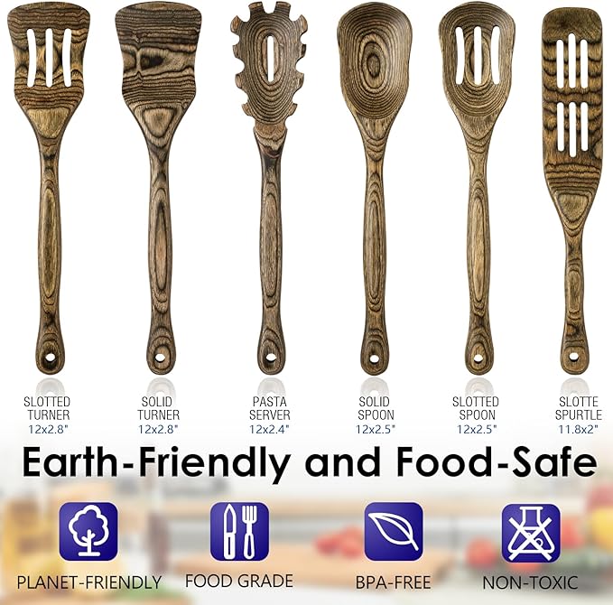 Pakkawood 6-Piece Wooden Cooking Utensil Set-Wood Kitchen Utensil Set, Wooden Spoons for Cooking, Nonstick Safe Non-Toxic Wooden Cooking Tools Long Handle Design by HOWHONG (Granite Color)