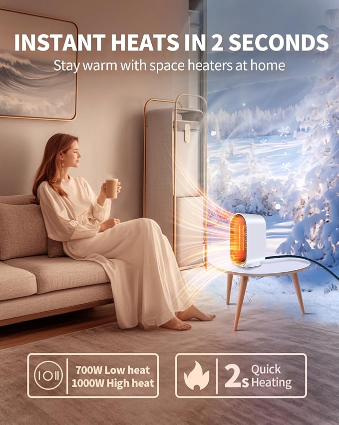 Space Heater, Portable Small Heaters for Indoor Use, Electric Desk Heater with Overheat and Tip-Over Protection, Mini Personal Heaters for Home Office Workspace, White
