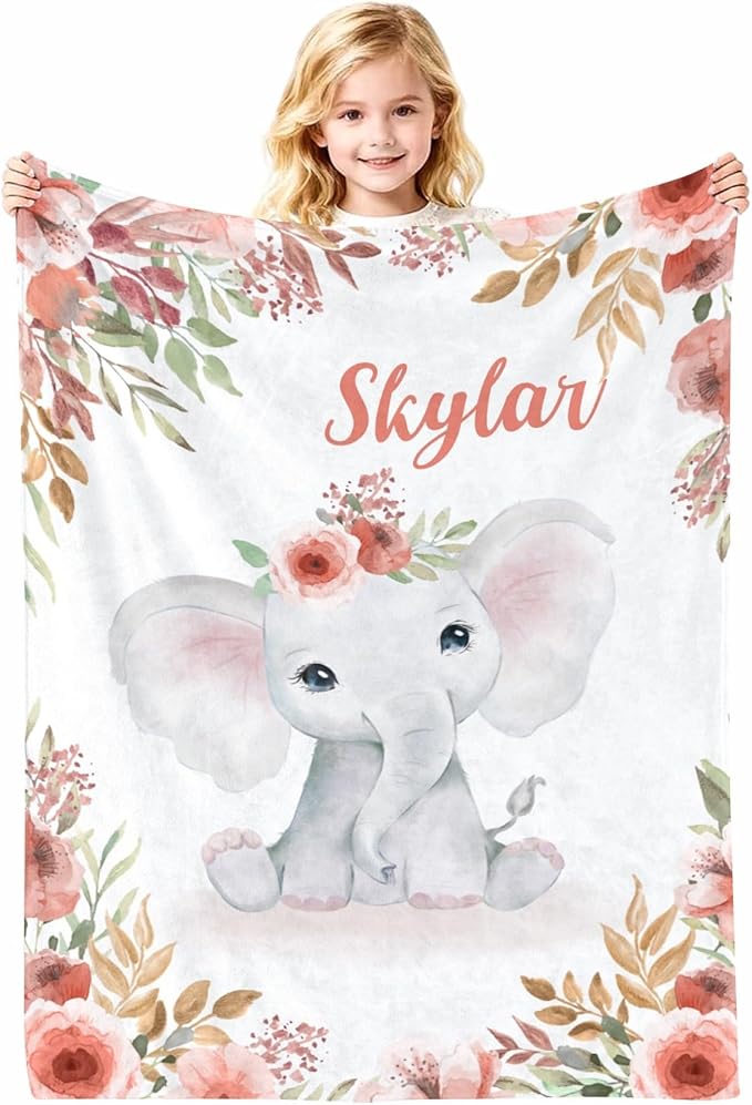 Personalized Baby Blanket with Name, Customized Soft Animals Flannel Blankets for Newborn Boys Girls and Toddlers, for New Mom, Infant Birthday Gift, Elephant-4