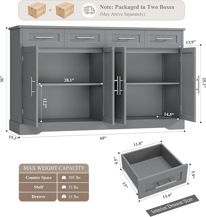 HOSTACK 60" Large Buffet Sideboard with Storage, 36" Tall Kitchen Buffet Storage Cabinet with 4 Drawers, Modern Coffee Bar Cabinet with Gold Handles, Long Sideboard Buffet Table for Kichen, Grey