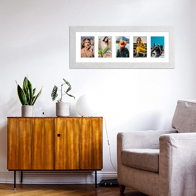 8x24 Picture Frame Display 5 opening 4X6 Picture Frame Collage,Multi Photo Frame with Mat,Plexiglass,Wall or Tabletop Decor,Distressed White Wood Grain