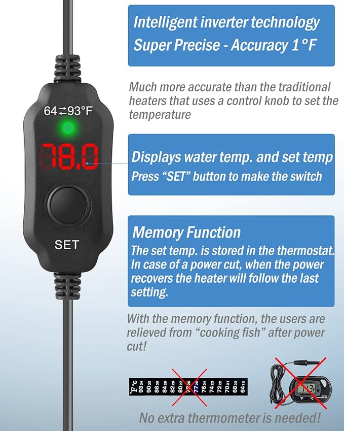 AquaMiracle Mini Aquarium Heater 10W Small Fish Tank Heater for 1-2 Gal Tanks, Digital Display Thermostat Betta Heater with Dry-Run & Overheat Protection, Memory Function