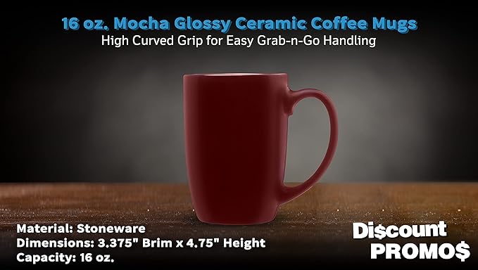 DISCOUNT PROMOS 10 Large Mocha Glossy Ceramic Coffee Mugs Set, 16 oz. - Stoneware, Smooth, Durable, C-handle - Maroon
