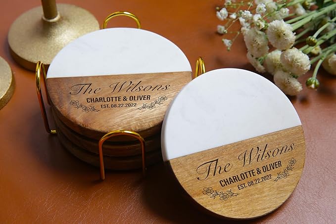 Personalized Coasters for Couples, Wedding, Housewarming Gifts for Home Decorataions, Custom Coaster for Newlyweds, Anniversary, Christmas, Engagements, Valentines Day, Two-Tone Marble and Wood