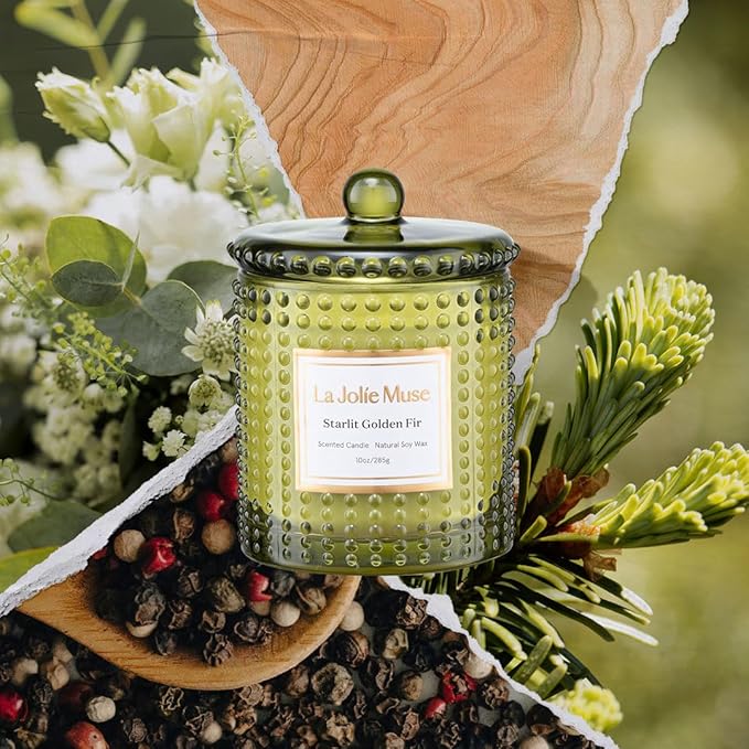 LA JOLIE MUSE Christmas Candle, Starlit Golden Fir Candle - Cedarwood, Patchouli, Fir Balsam | 10 oz Natural Soy Wax | 55 Hours Clean Burn |Winter Holiday Gift | Gift-Ready for Hosts & Gatherings