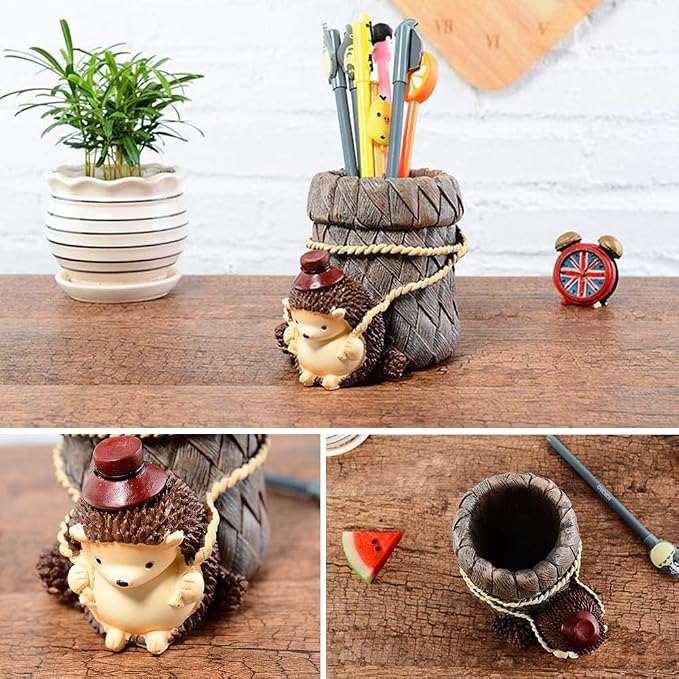 Lependor Cute Hedgehog Desk Pen Pencil Pot Holder, Toothbrush Holder, Resin Desktop Organizer Container, Stationery Storage, Office Desk Decoration, Study Bookshelf Decor - Work