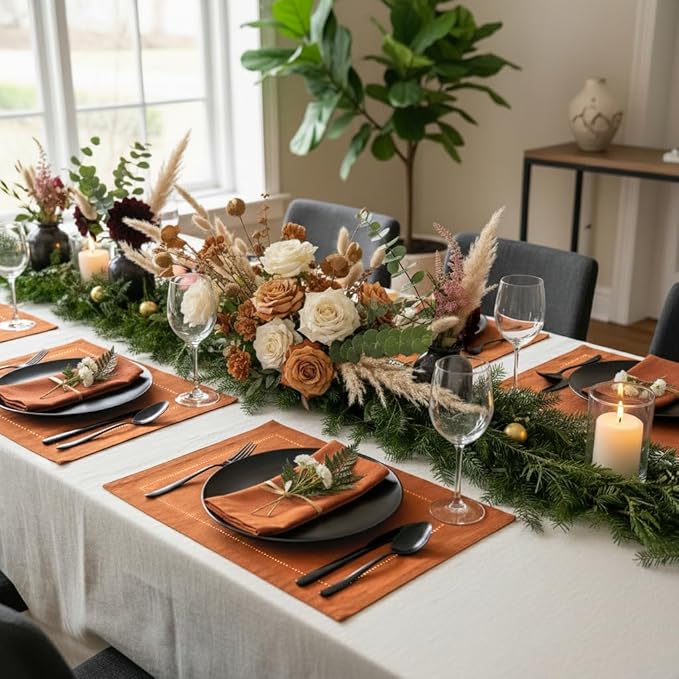 D'Moksha Homes Rust Linen Placemats Set of 4 - Classic Hemstitch Placemats 14 x 19 Inch - 100% Pure Linen Table Mats for Fall, Thanksgiving, Holiday - Handcrafted and Machine Washable