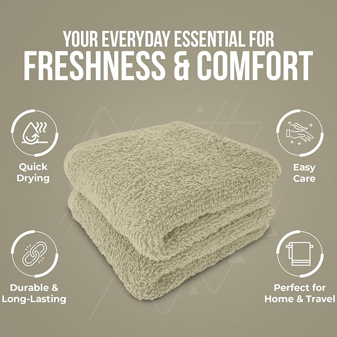 DAN RIVER 100% Cotton Wash Cloths 24 Pack [12x12] Soft & Absorbent face Cloth, Gym, Hotels & Spa Perfect for Everyday Use Fingertip Towels, Beige