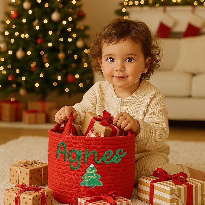 Custom Christmas Baskets for Gifts Empty, Personalized Woven Gift Basket with Kids Name, Baby Toy & Gifts Storage Basket With Name, Christmas Gift for Baby Kids Toddler