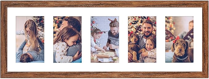 8x24 Collage frame with 5 Openings 4X6 Pictures, Multiple Picture Frame with Mat, Wall or Tabletop Decor, Carbonized Brown Wood Grain (1 Pack)
