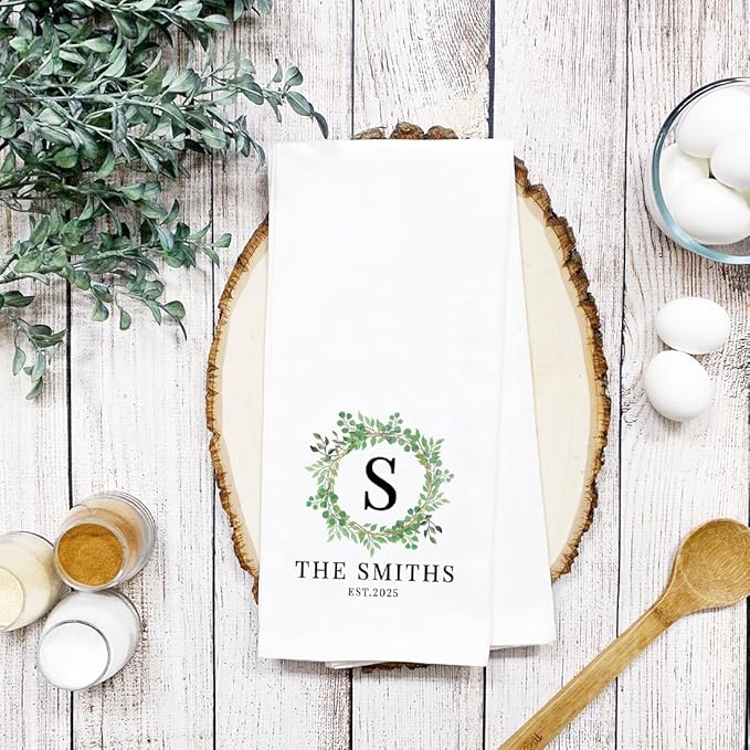 Andaz Press Personalized Kitchen Towel, Flour Sack Tea Towel, Greenery Monogram Custom Name Year Birthday for Mom Daughter Grandma, Wedding Gift Housewarming Gift for Couples
