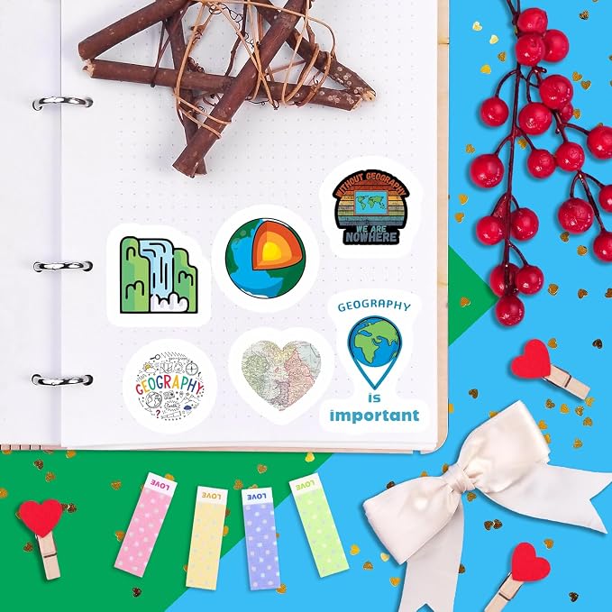 100Pcs Geography Stickers for Water Bottle and Laptop - Geography Party Supplies & Decorations, Waterproof Vinyl Decals, Maps and Landmarks Stickers, Gifts for Women & Men