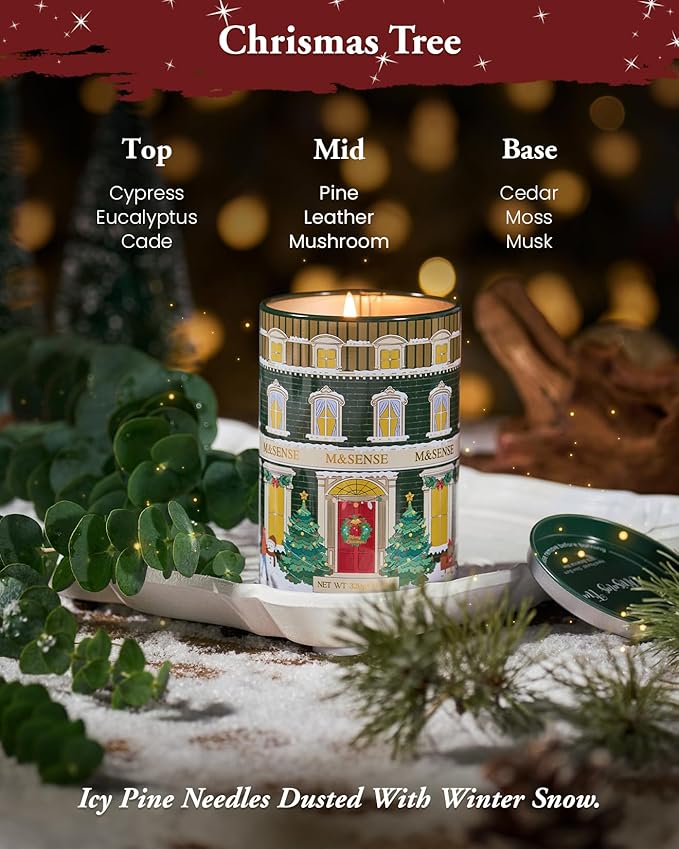 M&SENSE Christmas Tree Candles Pine Scented, Soy Wax 11.3oz 70 Hour Clean Burn Holiday Candles for Home, Winter Relaxing Aromatherapy Candle Gifts for Thanksgiving, Housewarming