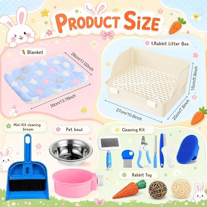 Reallnaive 15 Pcs Rabbit Starter Kit Small Rabbit Litter Box Girls Gift Animal Grooming Kit Bunny Toys Bowl Blankets with Cleaning Set for Guinea Pig Accessories(Beige)