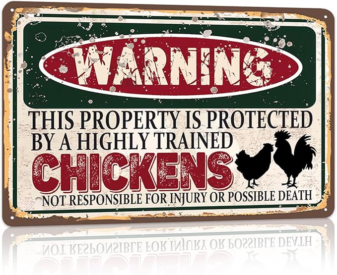 Vintage Chickens Metal Sign chicken coop accessories farmhouse decor | Warning this property is protected by a highly trained Chickens Sign Funny Tin Signs 12x8 Inch